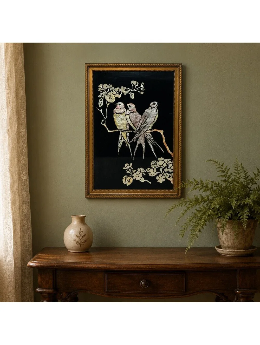 Vintage 1940s Reverse Glass Foil Bird Art Radio Picture Frame Co